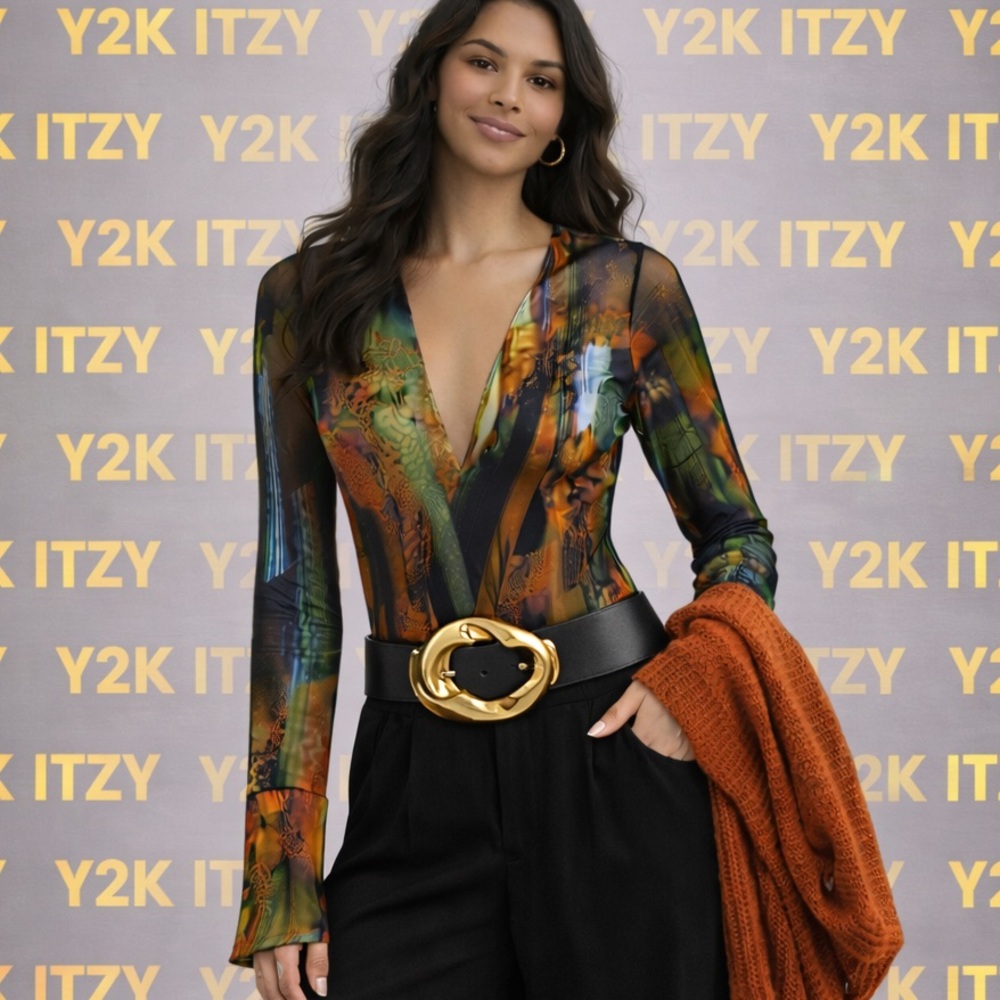 ITZY,Y2K Abstract Print Sheer Mesh Long Sleeve Boho Bodysuit Festival Top,Size M